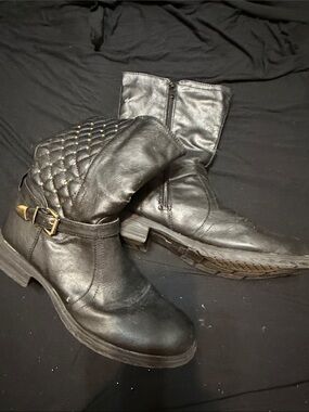 Bumper Black Quilted Leather Ankle Boots with Buckle Detail
